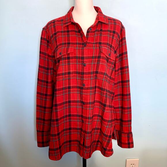 J. Crew Red and Black Windowpane Plaid Flannel Button Down Size 14 - Picture 2 of 9